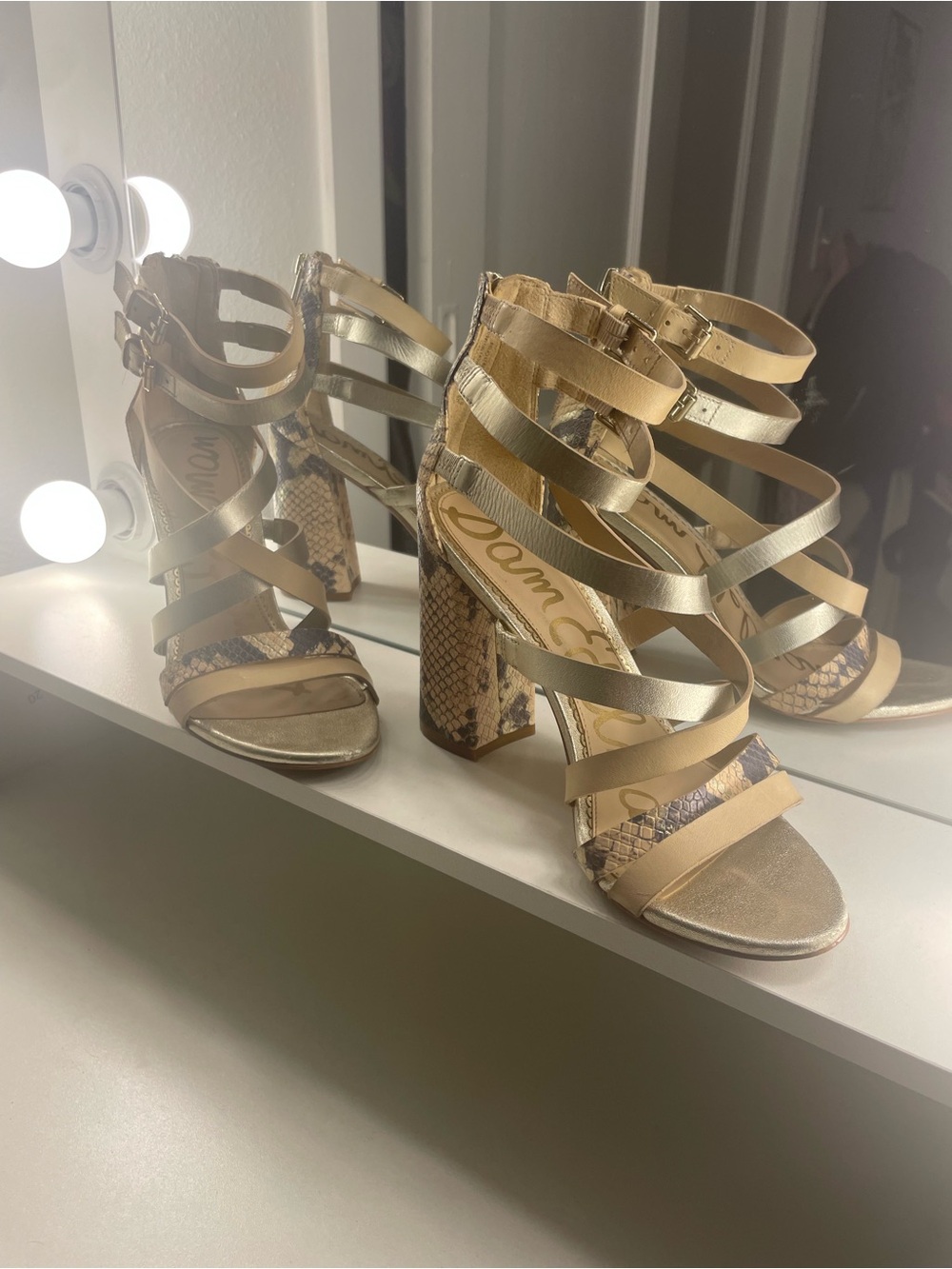 Sam Edelman Gold and Beige Strappy Block Heel Sandals
